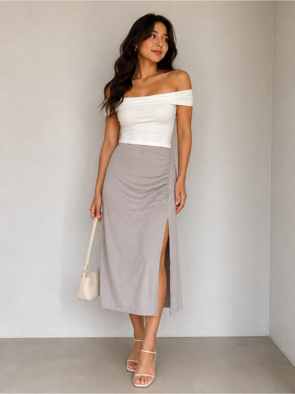 Wilfred Light Taupe Ruched Midi Skirt with Side Slit